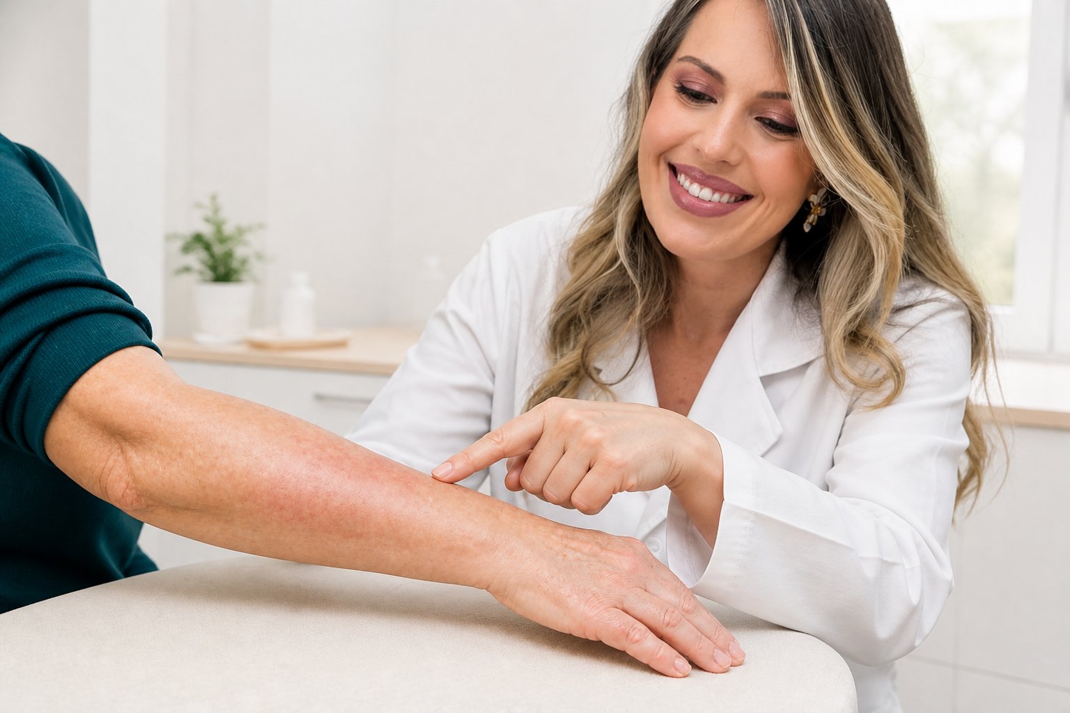 Dra. Caroline Minchio em avaliação ilustrativa de dermatite e coceira