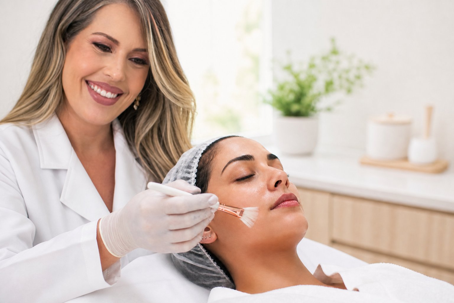 Dra. Caroline Minchio em aplicação ilustrativa de peeling químico