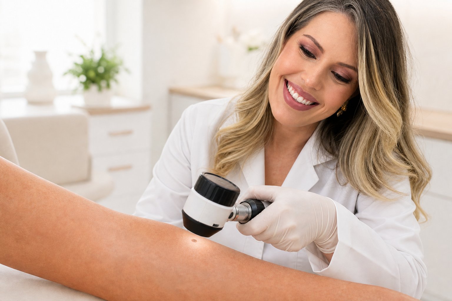 Dra. Caroline Minchio em exame ilustrativo de pinta com dermatoscópio