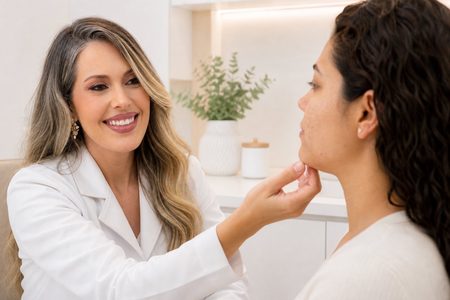 Dra. Caroline Minchio em avaliação ilustrativa de acne e cicatrizes